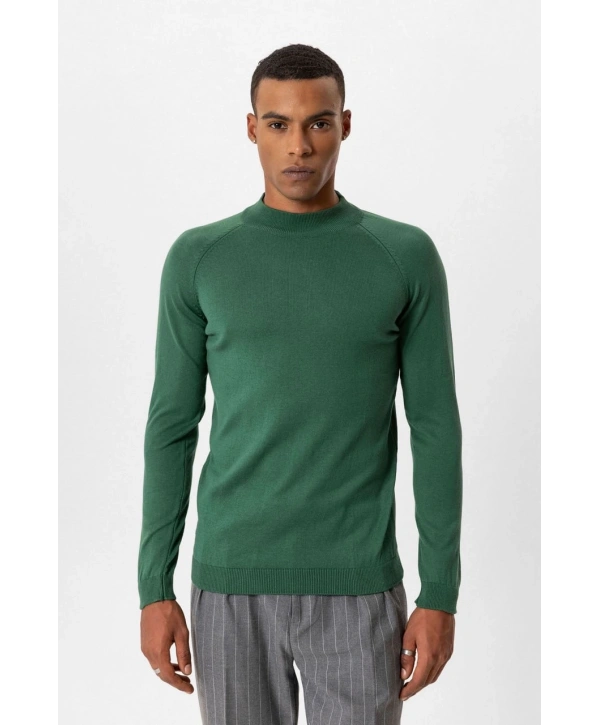 Erkek Owersize Yarım Balıkçı Triko Kazak -Yeşil