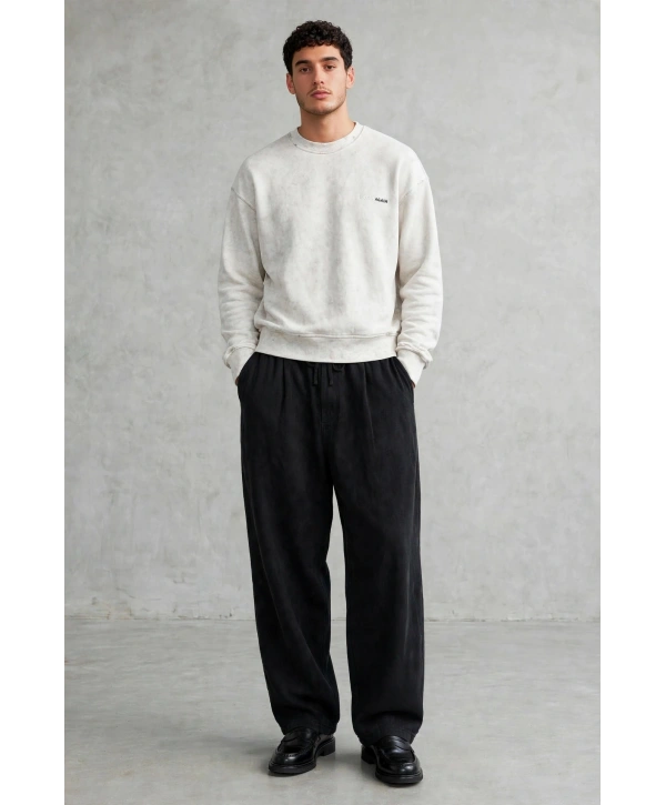 Erkek Owersize Yıkamalı Önü Again Baskılı Sweatshirt-Beyaz