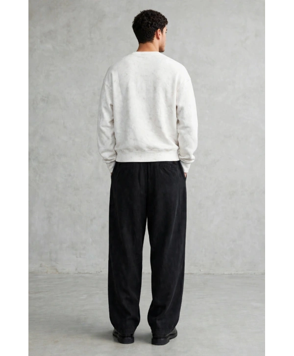Erkek Owersize Yıkamalı Önü Again Baskılı Sweatshirt-Beyaz