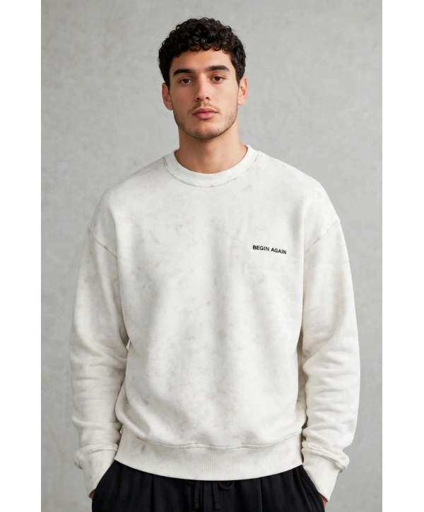 Erkek Owersize Yıkamalı Önü Again Baskılı Sweatshirt-Beyaz