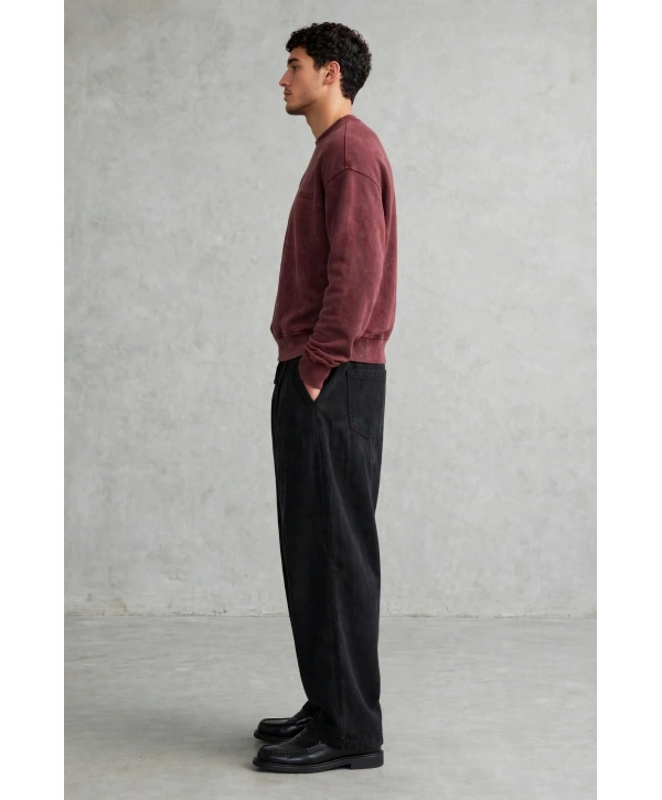 Erkek Owersize Yıkamalı Önü Again Baskılı Sweatshirt-Bordo