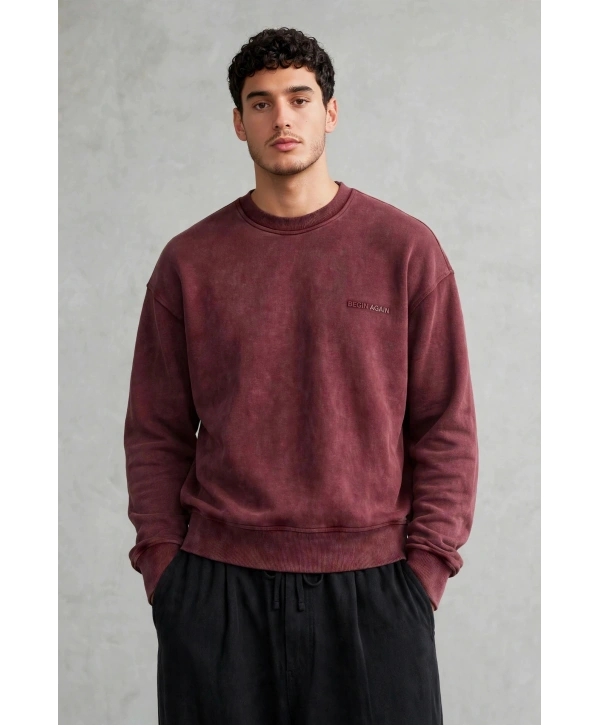 Erkek Owersize Yıkamalı Önü Again Baskılı Sweatshirt-Bordo