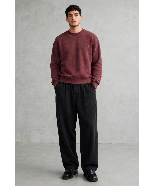 Erkek Owersize Yıkamalı Önü Again Baskılı Sweatshirt-Bordo