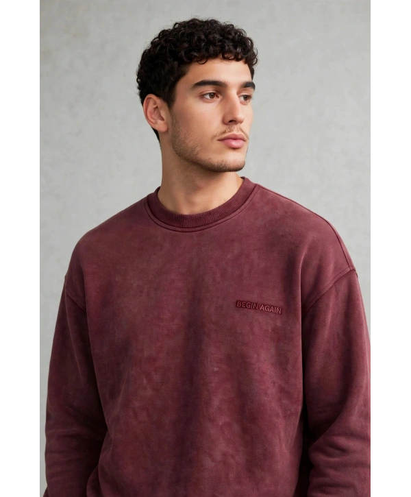 Erkek Owersize Yıkamalı Önü Again Baskılı Sweatshirt-Bordo