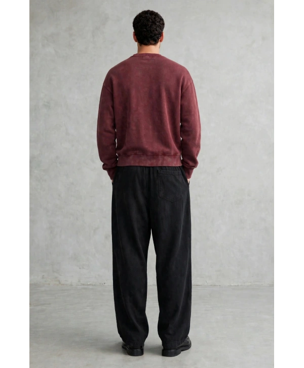 Erkek Owersize Yıkamalı Önü Again Baskılı Sweatshirt-Bordo