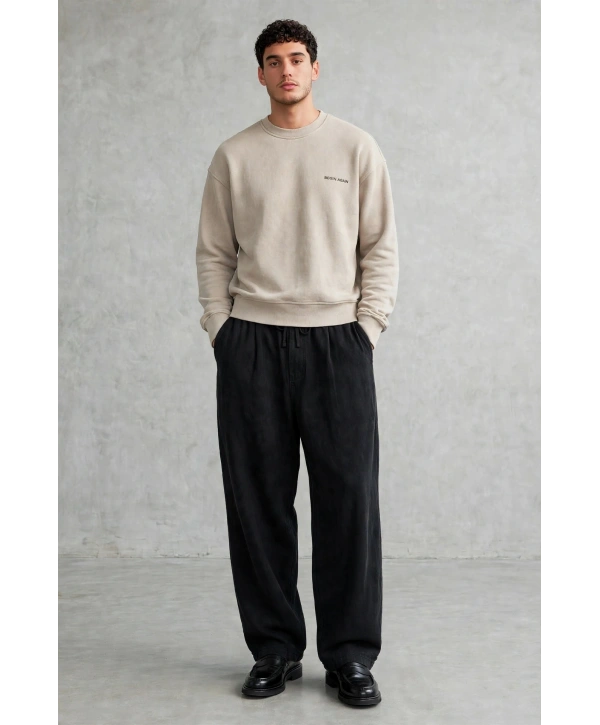 Erkek Owersize Yıkamalı Önü Again Baskılı Sweatshirt-Krem
