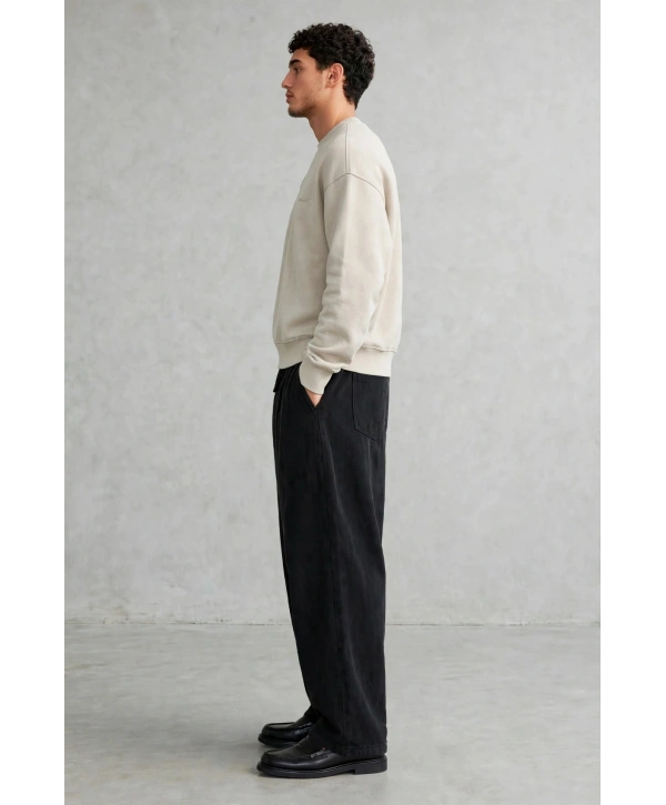 Erkek Owersize Yıkamalı Önü Again Baskılı Sweatshirt-Krem