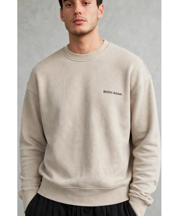 Erkek Owersize Yıkamalı Önü Again Baskılı Sweatshirt-Krem