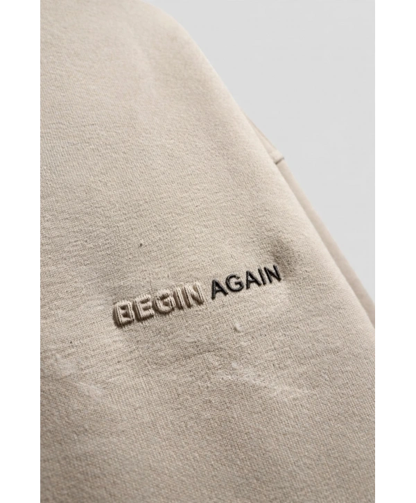 Erkek Owersize Yıkamalı Önü Again Baskılı Sweatshirt-Krem