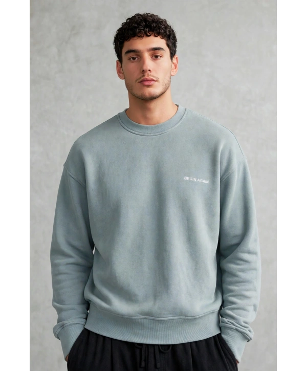 Erkek Owersize Yıkamalı Önü Again Baskılı Sweatshirt-Mavi