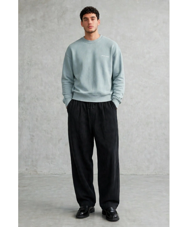 Erkek Owersize Yıkamalı Önü Again Baskılı Sweatshirt-Mavi