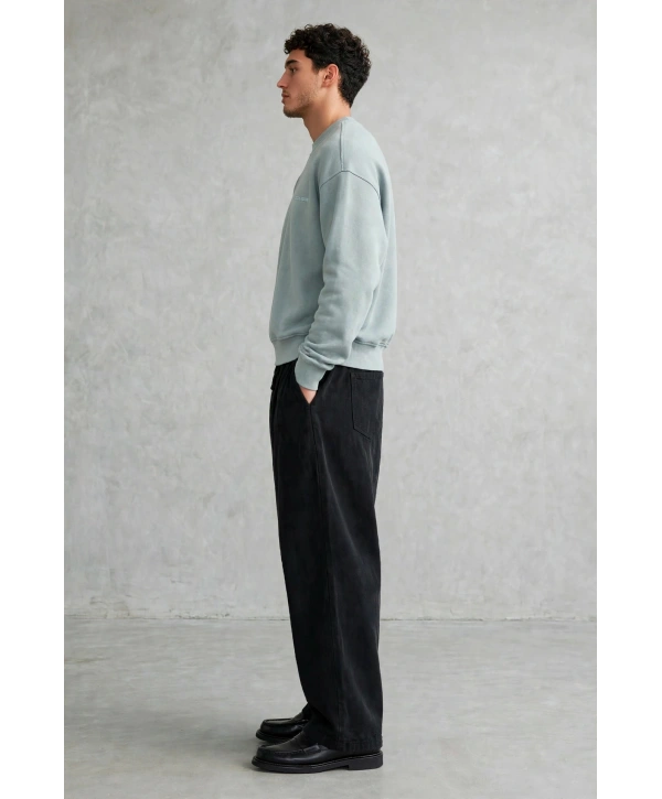 Erkek Owersize Yıkamalı Önü Again Baskılı Sweatshirt-Mavi