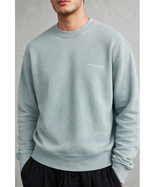 Erkek Owersize Yıkamalı Önü Again Baskılı Sweatshirt-Mavi