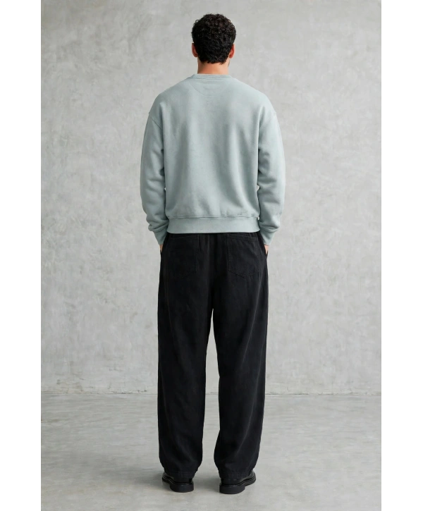 Erkek Owersize Yıkamalı Önü Again Baskılı Sweatshirt-Mavi