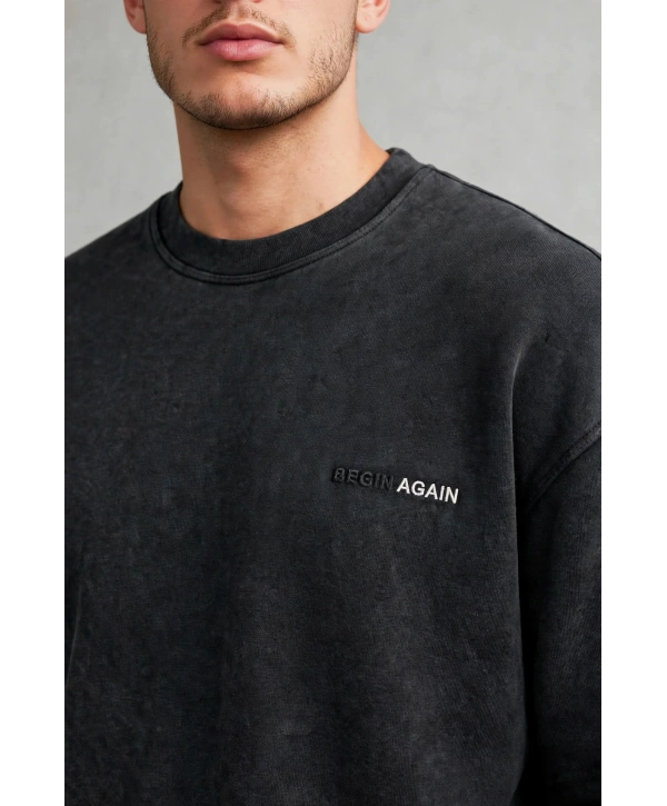 Erkek Owersize Yıkamalı Önü Again Baskılı Sweatshirt-Siyah