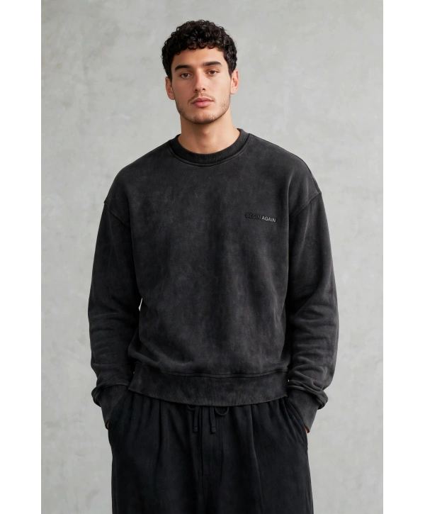 Erkek Owersize Yıkamalı Önü Again Baskılı Sweatshirt-Siyah