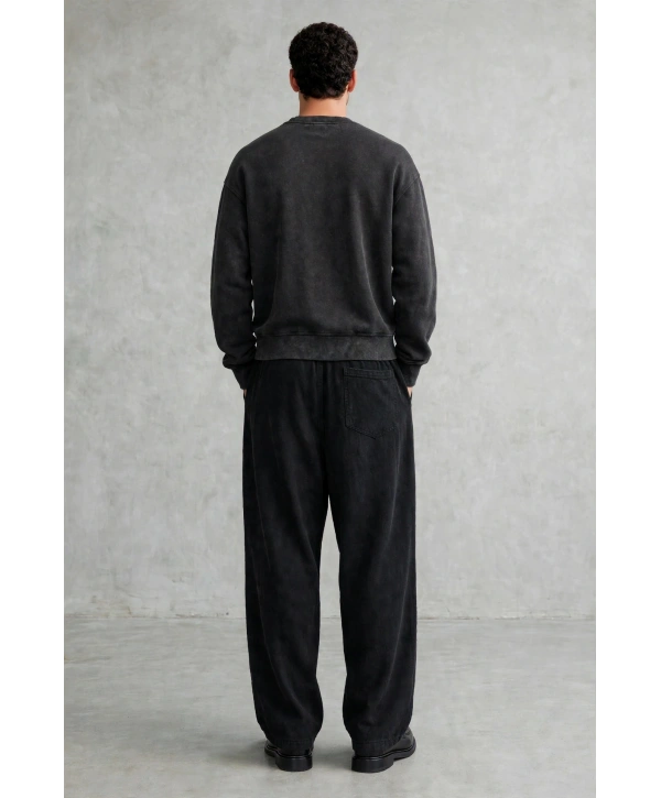 Erkek Owersize Yıkamalı Önü Again Baskılı Sweatshirt-Siyah