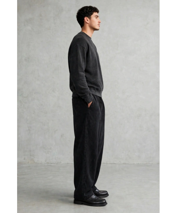 Erkek Owersize Yıkamalı Önü Again Baskılı Sweatshirt-Siyah