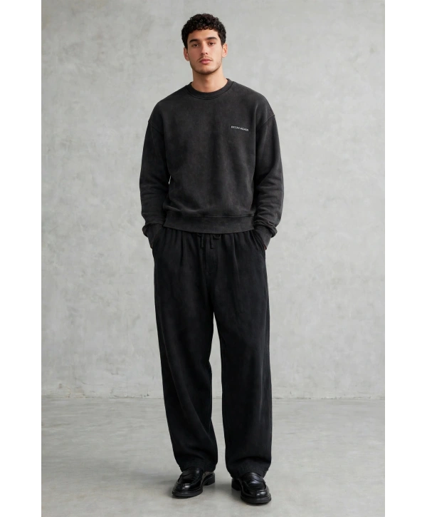 Erkek Owersize Yıkamalı Önü Again Baskılı Sweatshirt-Siyah
