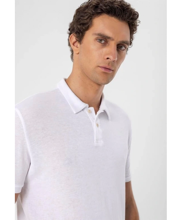 Erkek Polo Yaka Örme Kumaş Triko Thişört-Beyaz