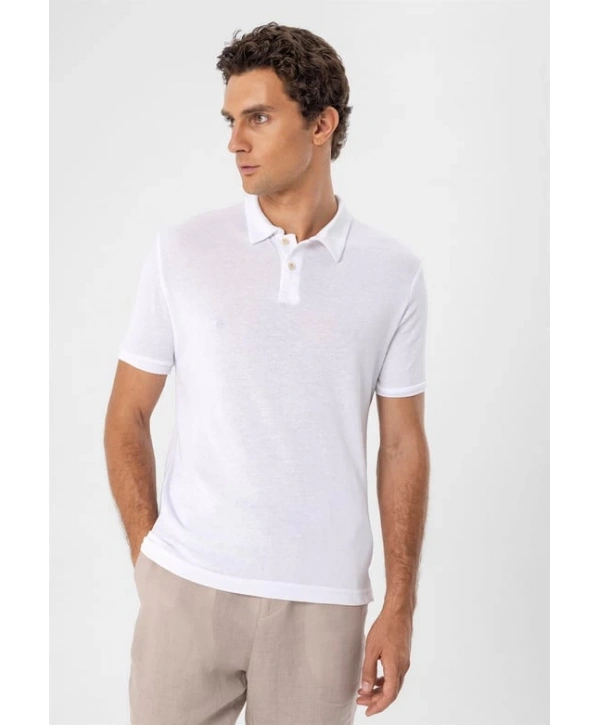 Erkek Polo Yaka Örme Kumaş Triko Thişört-Beyaz
