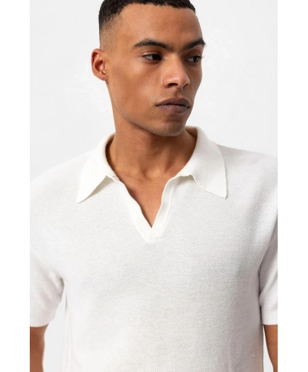 Erkek Polo Yaka Örme Kumaş Triko Thişört-Beyaz