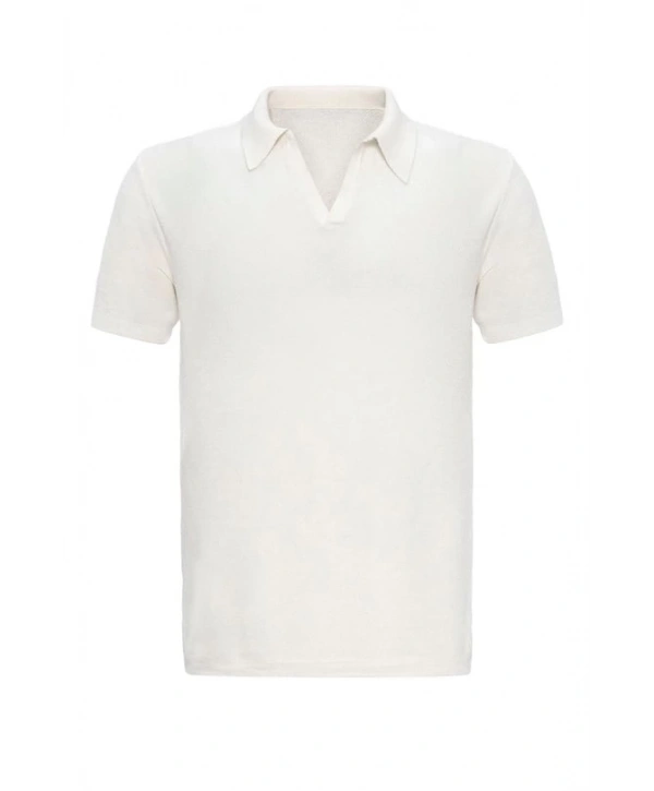 Erkek Polo Yaka Örme Kumaş Triko Thişört-Beyaz