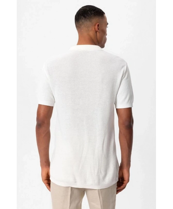 Erkek Polo Yaka Örme Kumaş Triko Thişört-Beyaz