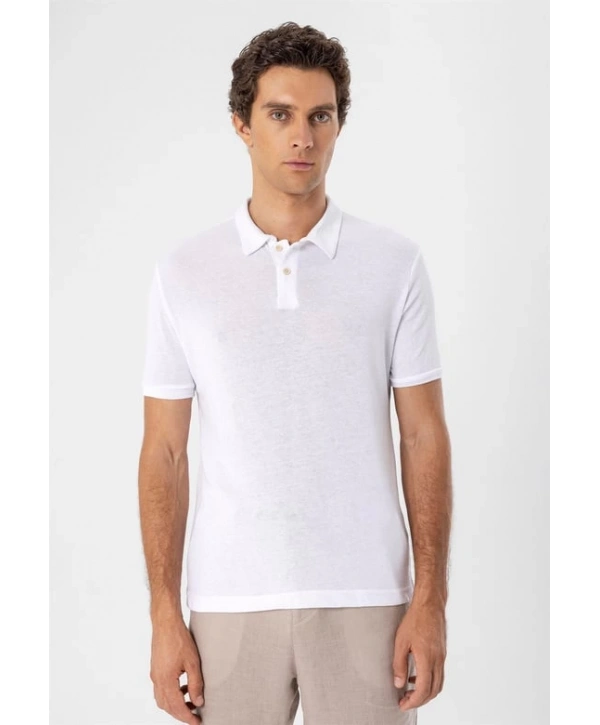 Erkek Polo Yaka Örme Kumaş Triko Thişört-Beyaz