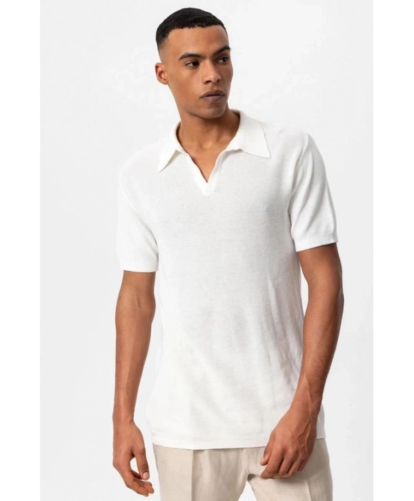 Erkek Polo Yaka Örme Kumaş Triko Thişört-Beyaz