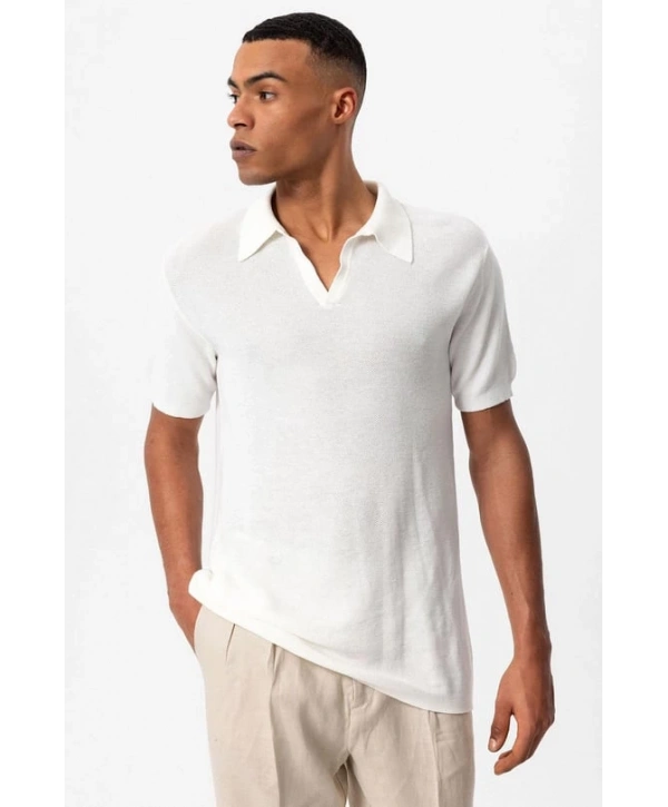 Erkek Polo Yaka Örme Kumaş Triko Thişört-Beyaz