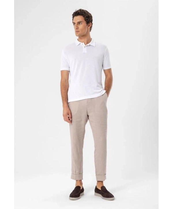 Erkek Polo Yaka Örme Kumaş Triko Thişört-Beyaz