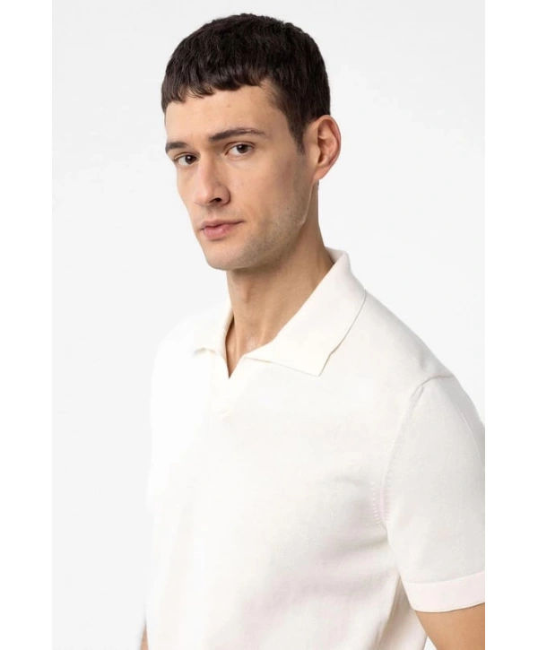 Erkek Polo Yaka Örme Kumaş Triko Thişört-Ecru