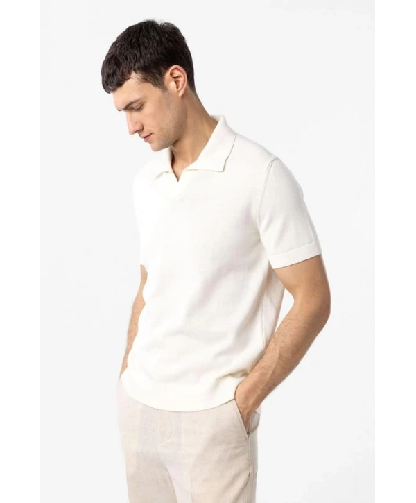 Erkek Polo Yaka Örme Kumaş Triko Thişört-Ecru
