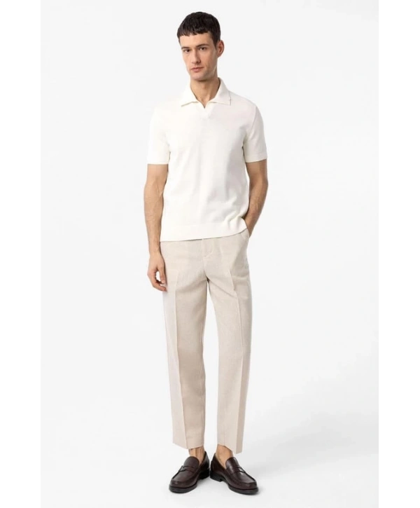 Erkek Polo Yaka Örme Kumaş Triko Thişört-Ecru