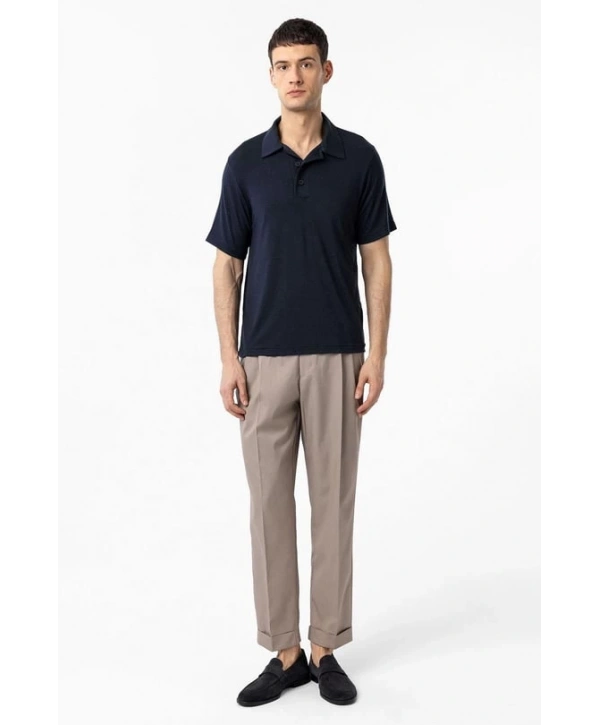 Erkek Polo Yaka Örme Kumaş Triko Thişört-Lacivert