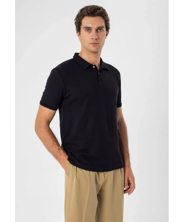 Erkek Polo Yaka Örme Kumaş Triko Thişört-Siyah