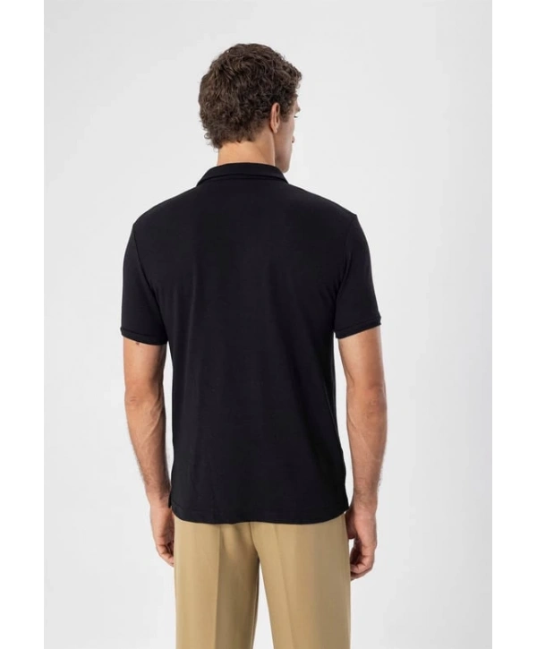 Erkek Polo Yaka Örme Kumaş Triko Thişört-Siyah