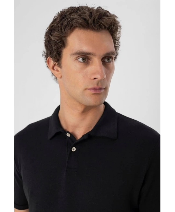 Erkek Polo Yaka Örme Kumaş Triko Thişört-Siyah