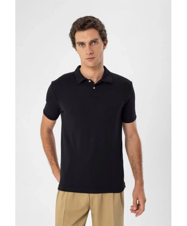 Erkek Polo Yaka Örme Kumaş Triko Thişört-Siyah