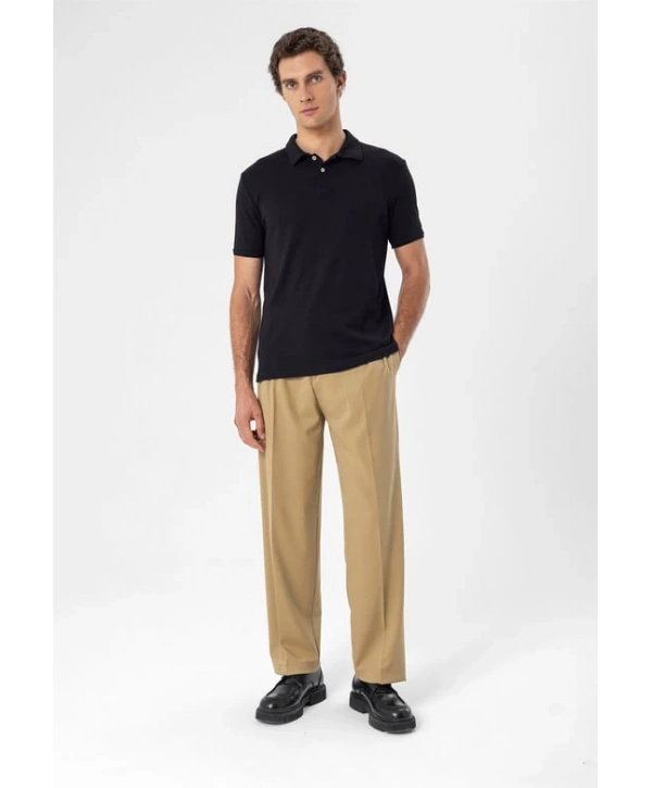 Erkek Polo Yaka Örme Kumaş Triko Thişört-Siyah