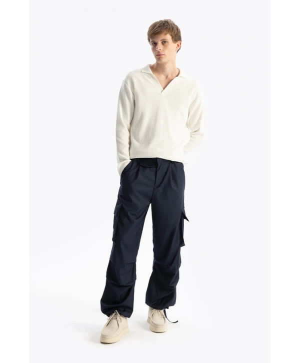 Erkek Polo Yaka Uzun Kol Örme Triko - Beyaz