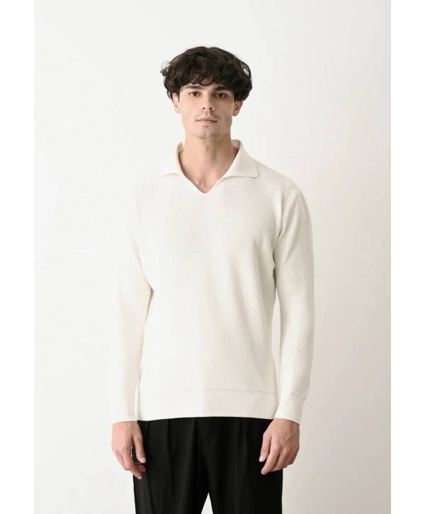 Erkek Polo Yaka Uzun Kol Örme Triko - Beyaz