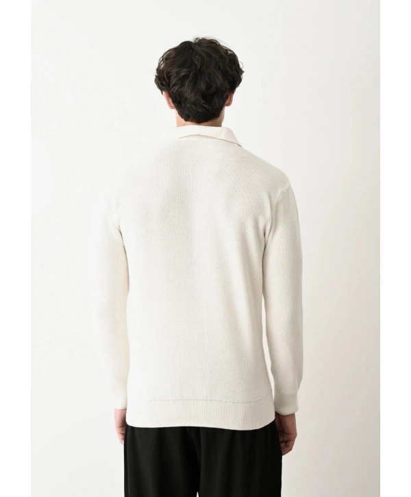 Erkek Polo Yaka Uzun Kol Örme Triko - Beyaz