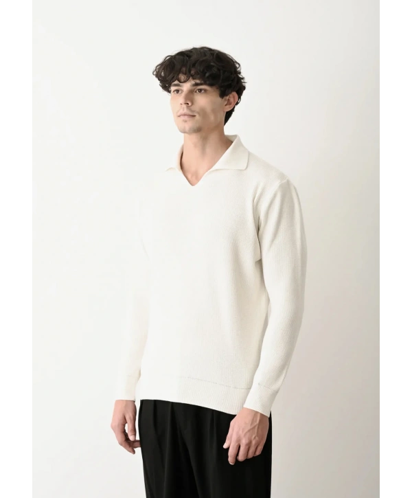 Erkek Polo Yaka Uzun Kol Örme Triko - Beyaz