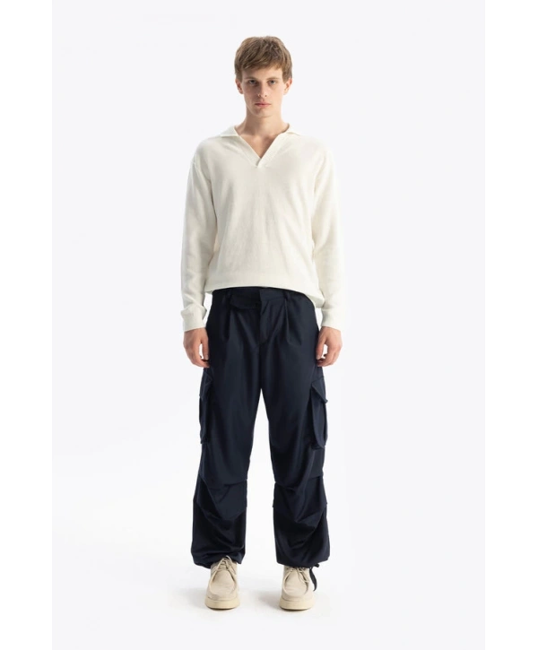 Erkek Polo Yaka Uzun Kol Örme Triko - Beyaz