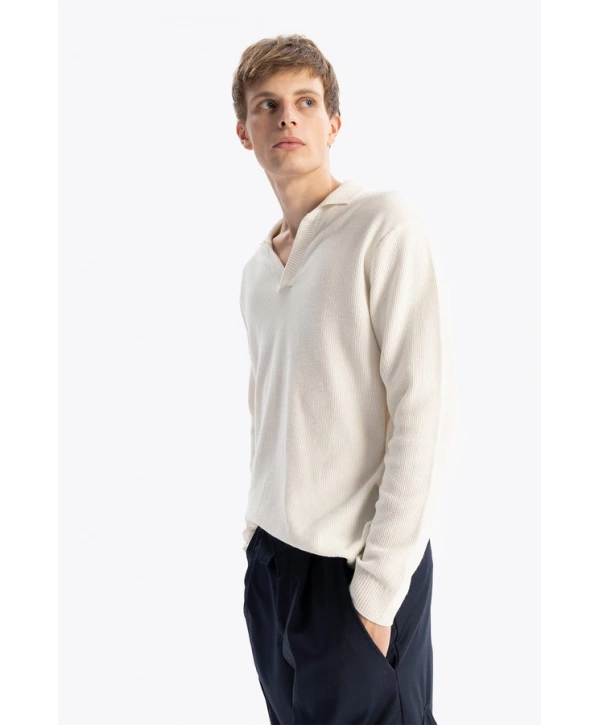 Erkek Polo Yaka Uzun Kol Örme Triko - Beyaz