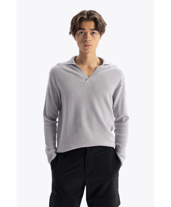 Erkek Polo Yaka Uzun Kol Örme Triko - Gri
