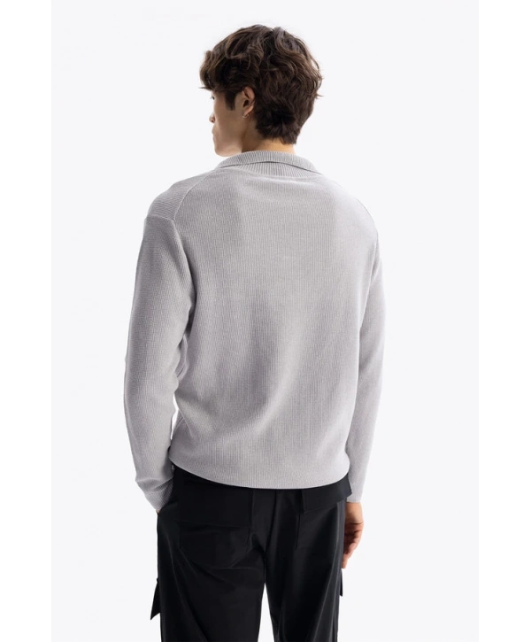 Erkek Polo Yaka Uzun Kol Örme Triko - Gri
