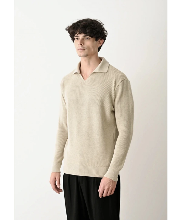 Erkek Polo Yaka Uzun Kol Örme Triko - Krem
